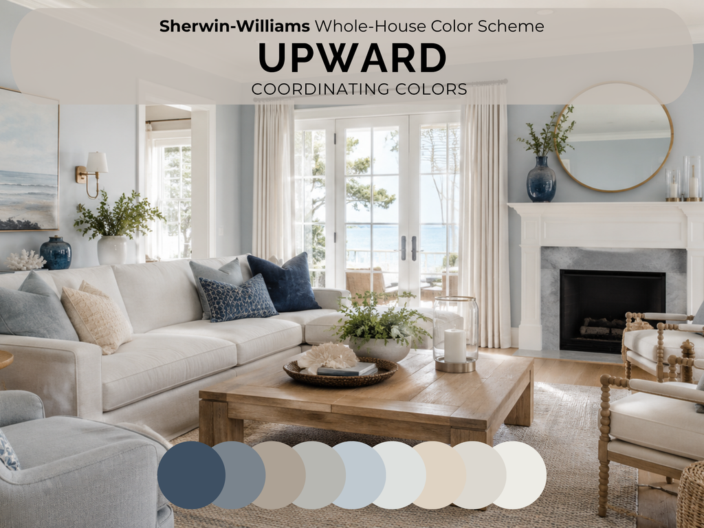 Living room with Sherwin-Williams Whole-House Color Scheme UPWARD coordinating colors displayed.