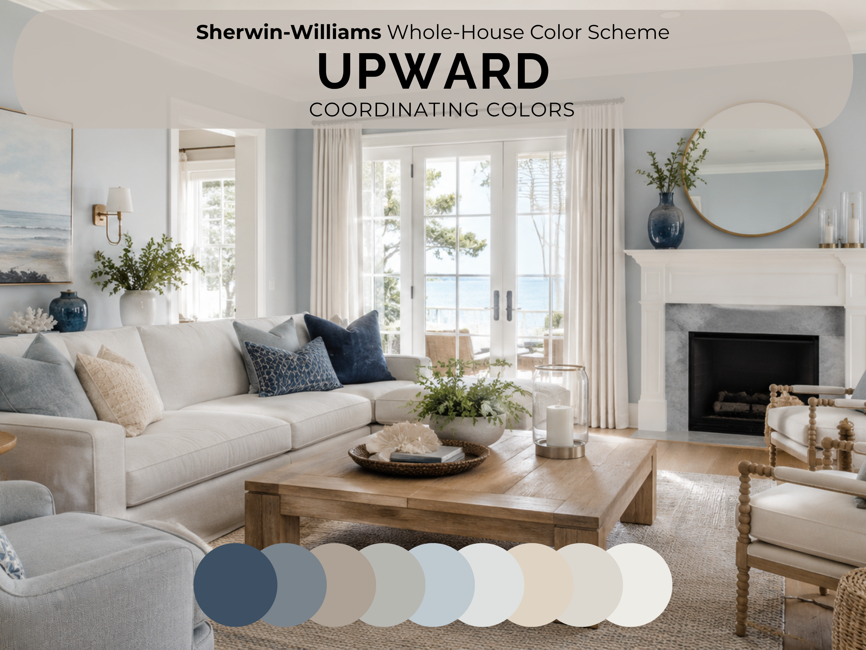 Living room with Sherwin-Williams Whole-House Color Scheme UPWARD coordinating colors displayed.