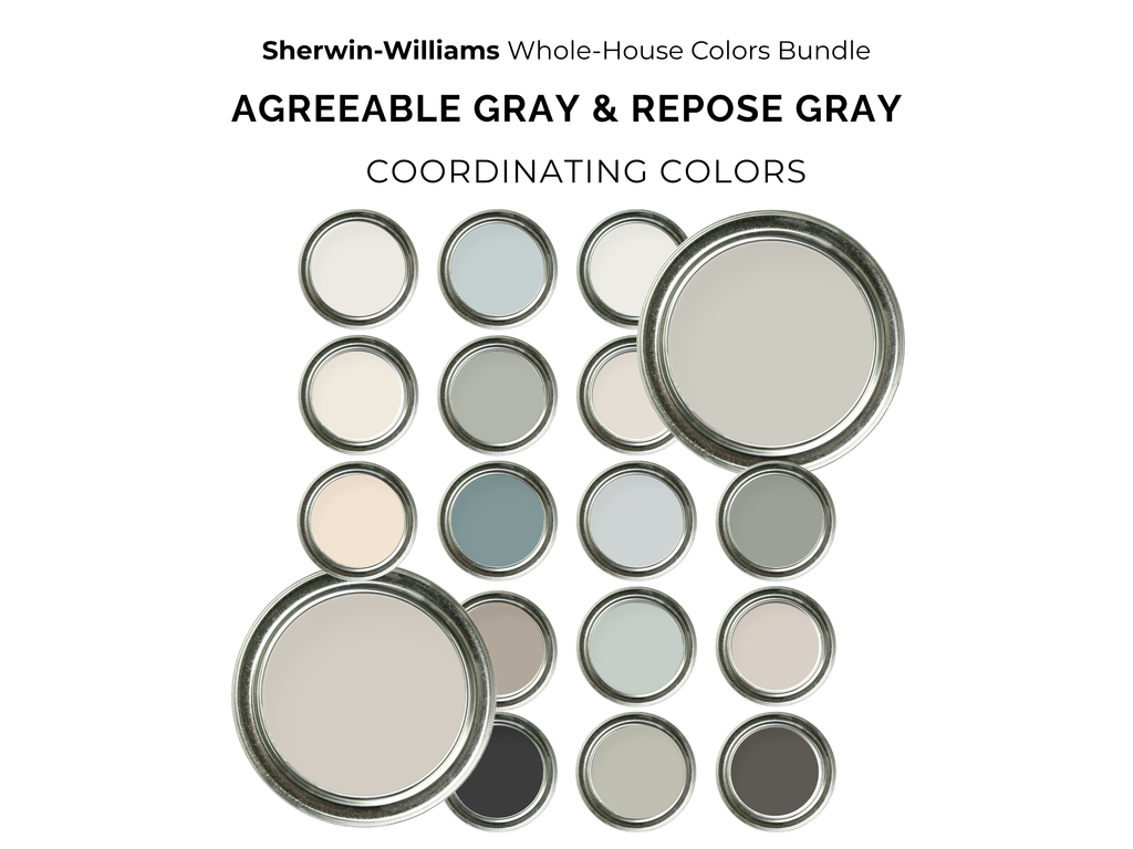 Collection of Sherwin-Williams paint cans labeled 'Agreeable Gray' and 'Repose Gray' on a white background.