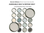 Collection of Sherwin-Williams paint cans labeled 'Agreeable Gray' and 'Repose Gray' on a white background.