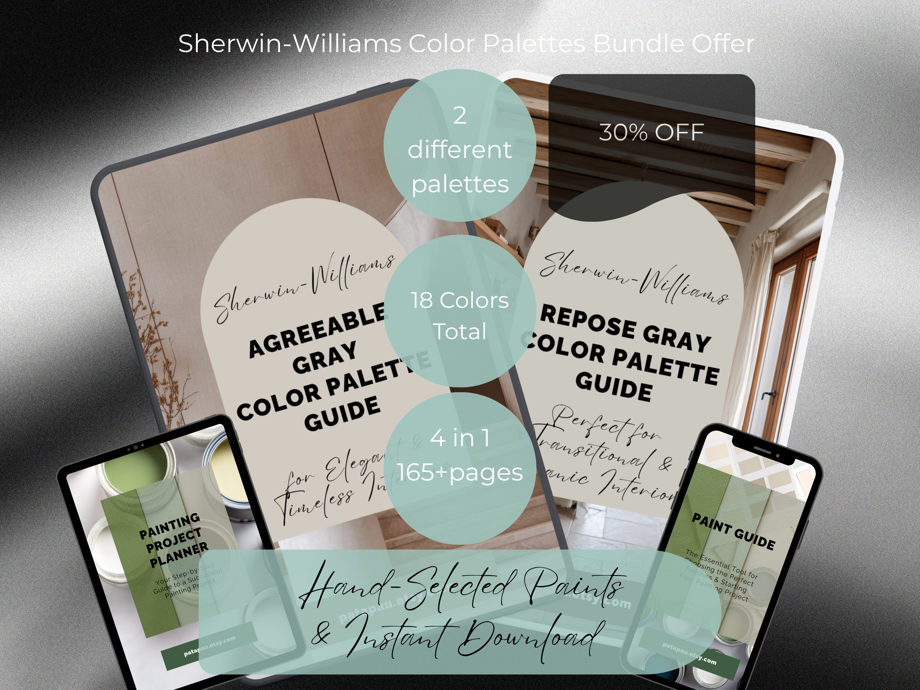 Sherwin-Williams color palette guide bundle with digital download option on a gray background