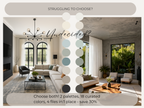 Modern living room with color swatches and text overlay