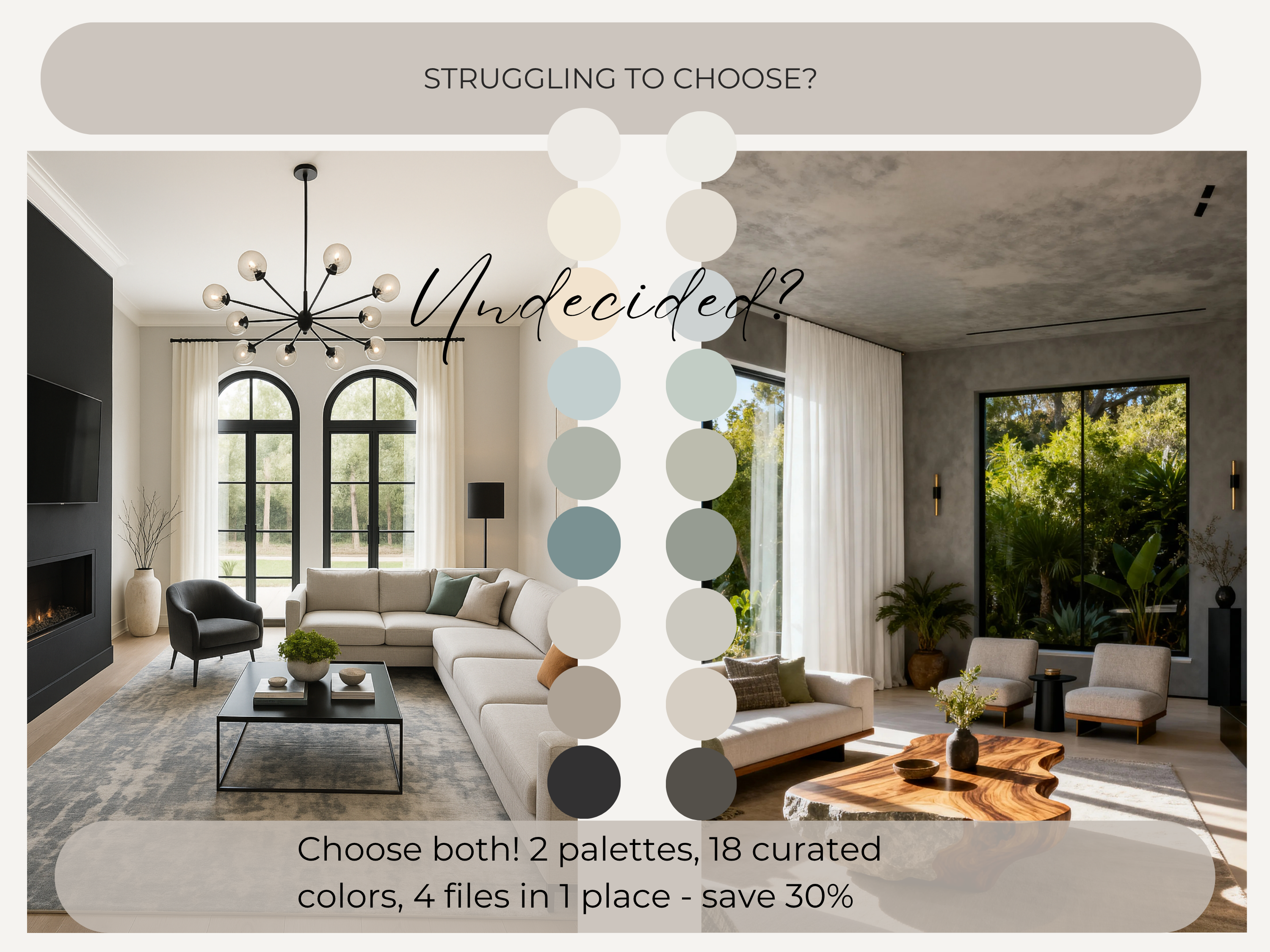 Modern living room with color swatches and text overlay