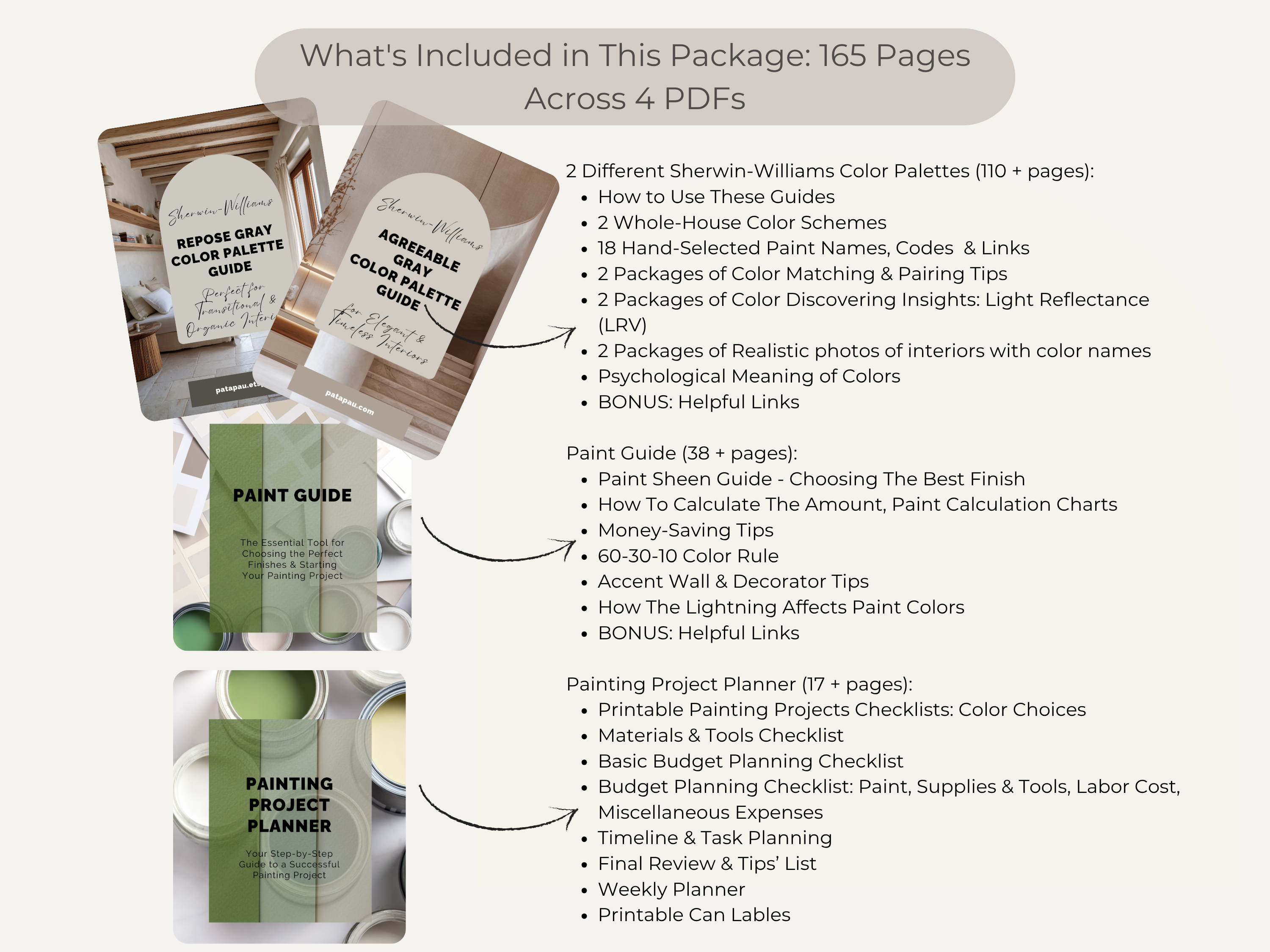 Product packaging with color palettes and paint guide on a white background