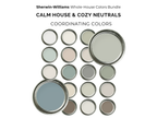 Collection of Sherwin-Williams paint color samples labeled 'Calm House & Cozy Neutrals'.