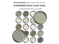Collection of Sherwin-Williams paint cans labeled 'Evergreen Fog' and 'Clary Sage' on a white background.