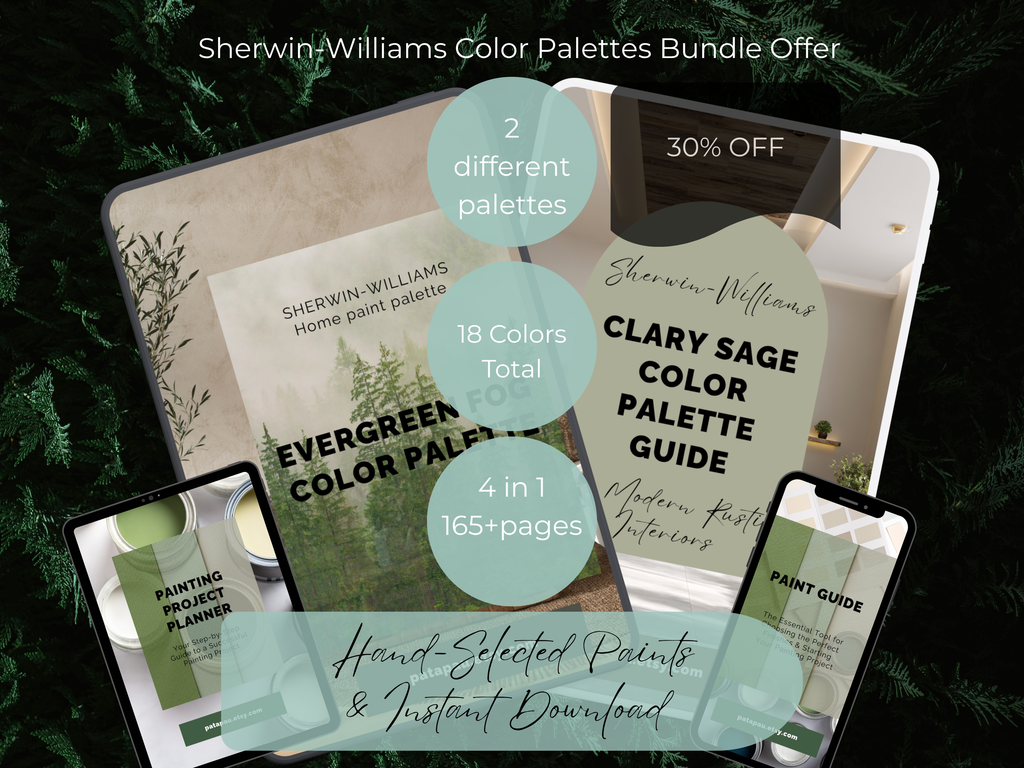 Sherwin-Williams color palettes with promotional text overlay on a green leafy background