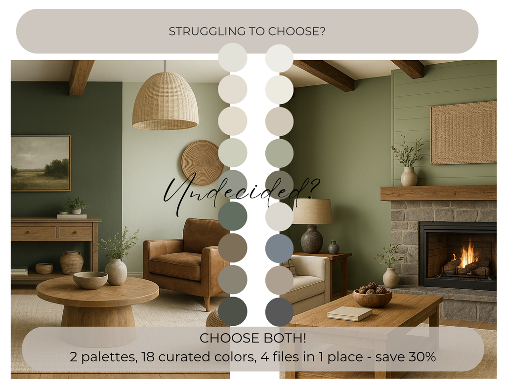 Living room with green walls, wooden furniture, and a fireplace. Color swatches and text overlay suggest color selection.