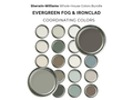 Collection of paint cans labeled 'Evergreen Fog' and 'Ironclad' by Sherwin-Williams on a white background.