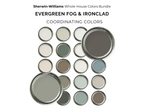 Collection of paint cans labeled 'Evergreen Fog' and 'Ironclad' by Sherwin-Williams on a white background.