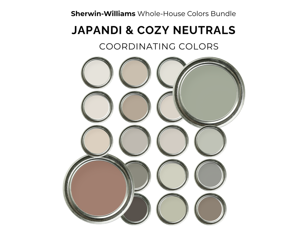 Collection of Sherwin-Williams paint cans labeled 'Japandi & Cozy Neutrals' on a white background.