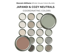 Collection of Sherwin-Williams paint cans labeled 'Japandi & Cozy Neutrals' on a white background.