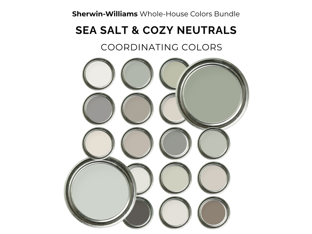 Collection of Sherwin-Williams paint cans labeled 'Sea Salt & Cozy Neutrals' on a white background.