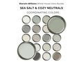 Collection of Sherwin-Williams paint cans labeled 'Sea Salt & Cozy Neutrals' on a white background.