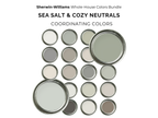 Collection of Sherwin-Williams paint cans labeled 'Sea Salt & Cozy Neutrals' on a white background.