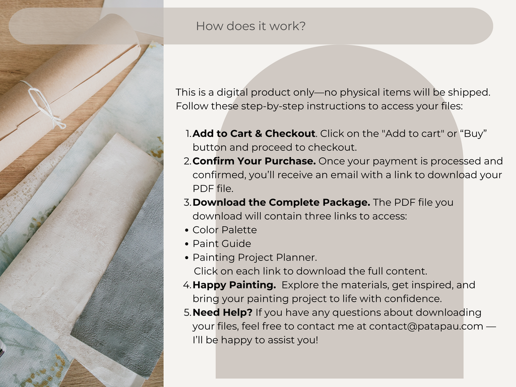 Instruction of how does it work to buy and instantly download the whole color palette bundle, uncluding sheen guide and painting project planner.