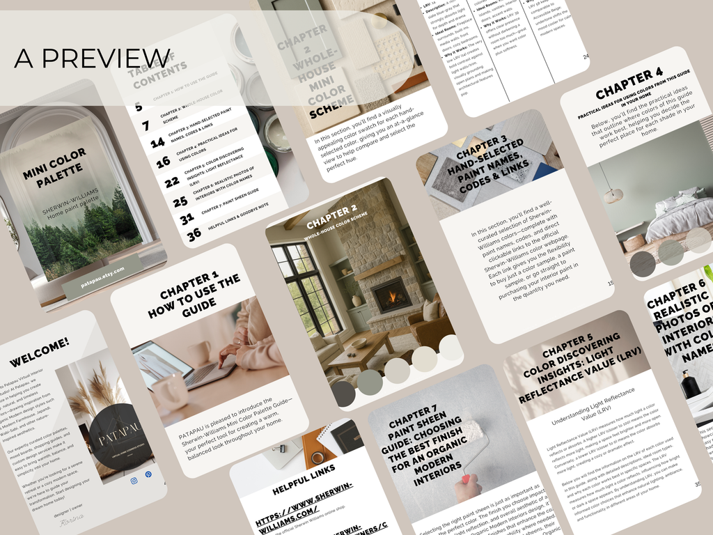 Collage of interior design guide pages with text and images on a beige background