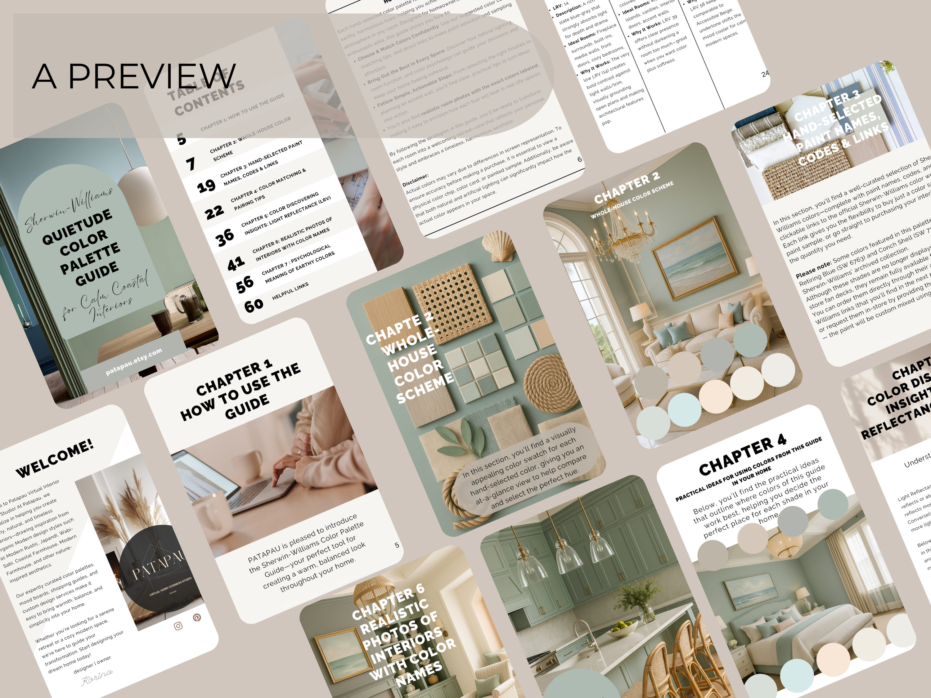 Preview of a design guide with text and images on a beige background