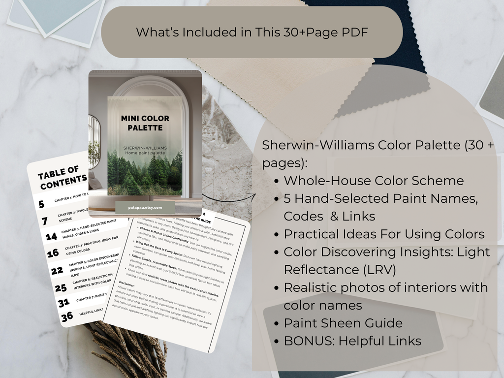 Sherwin-Williams color palette with a table of contents and text overlay on a marble background