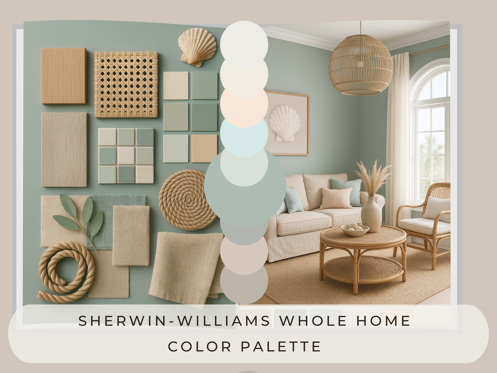 Living room with Sherwin-Williams color palette displayed on the wall