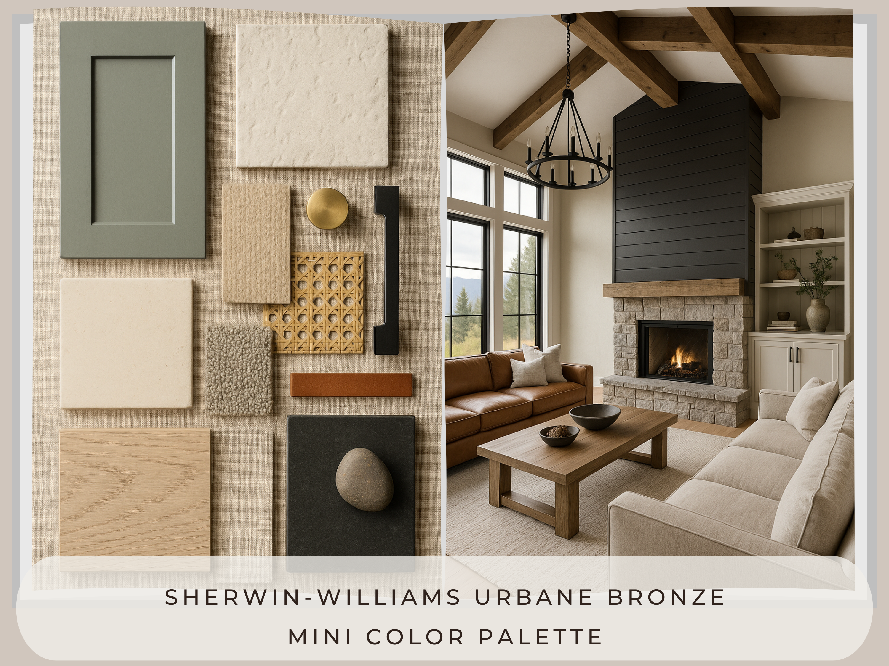 Living room with furniture and decor elements, featuring Sherwin-Williams Urbane Bronze color palette.