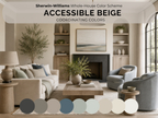 Living room with 'Accessible Beige' color scheme and Sherwin-Williams color swatches.