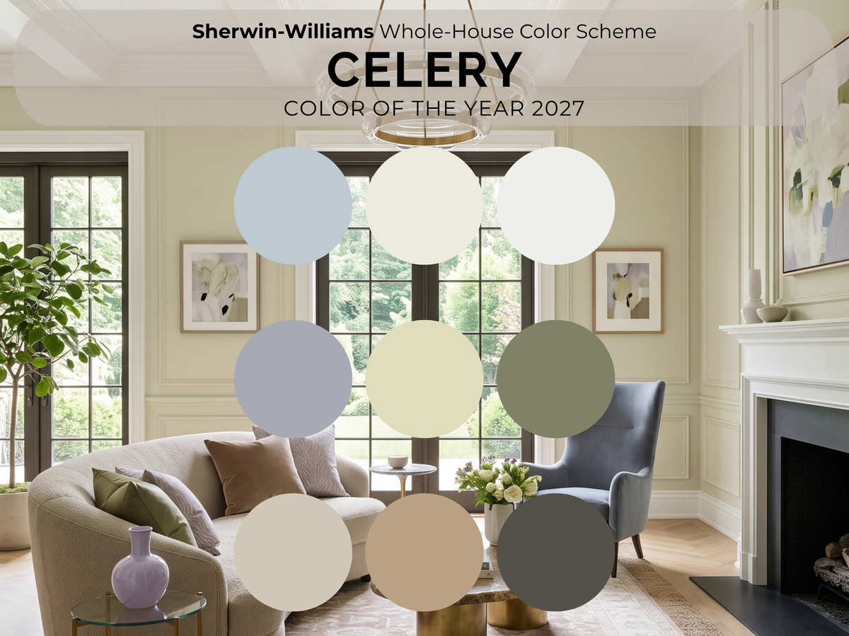 Sherwin-Williams Whole House Color Scheme CELERY Color of the Year 2027 palette displayed over a beautifully styled living room interior. The image features a central 3x3 grid of soft, muted color swatches in sage green, cream, beige, and gray, set against a warm beige wall and a cozy living room with a sofa, armchair, and fireplace.
