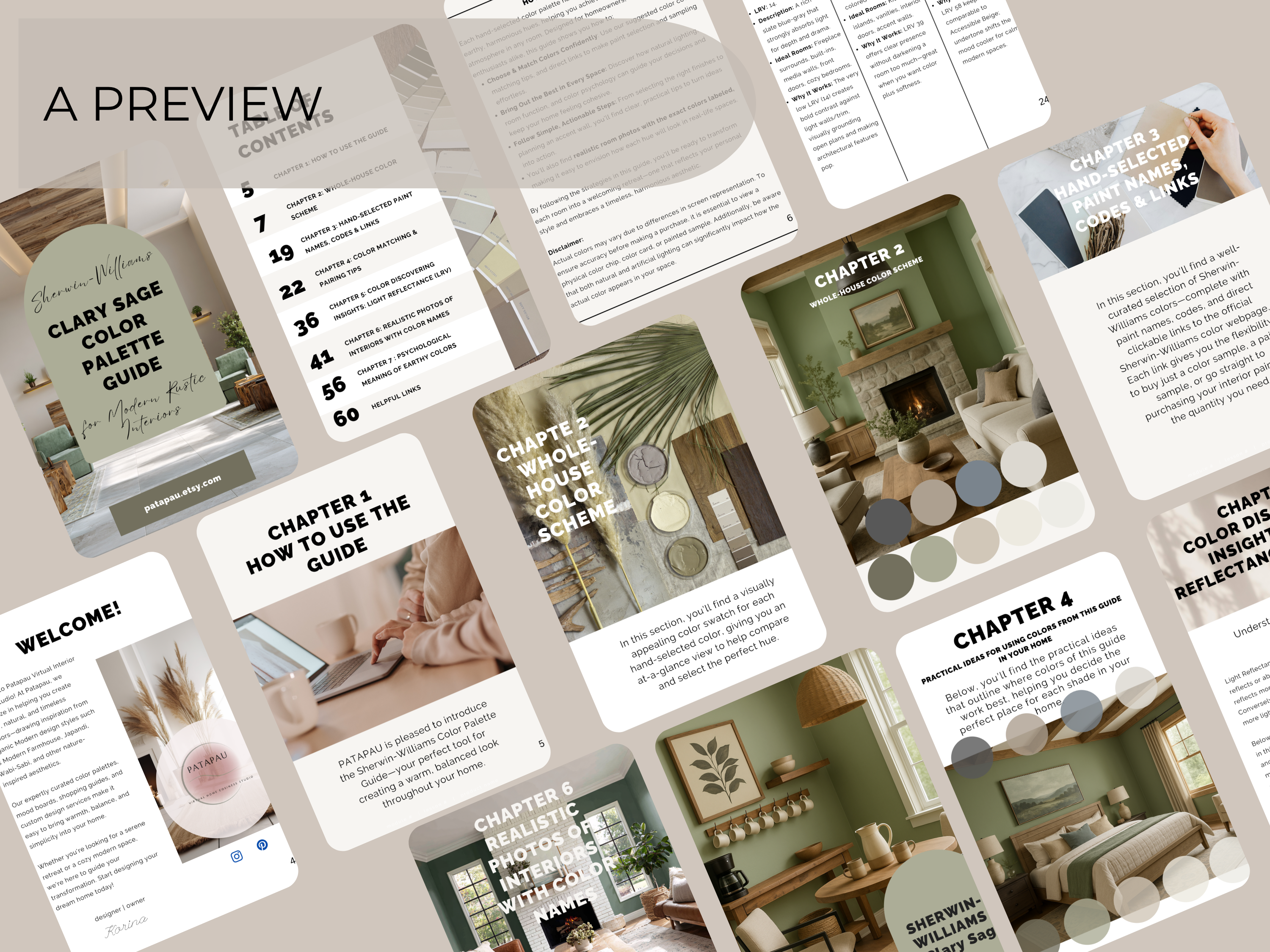 Collage of interior design guide pages with text and images on a beige background