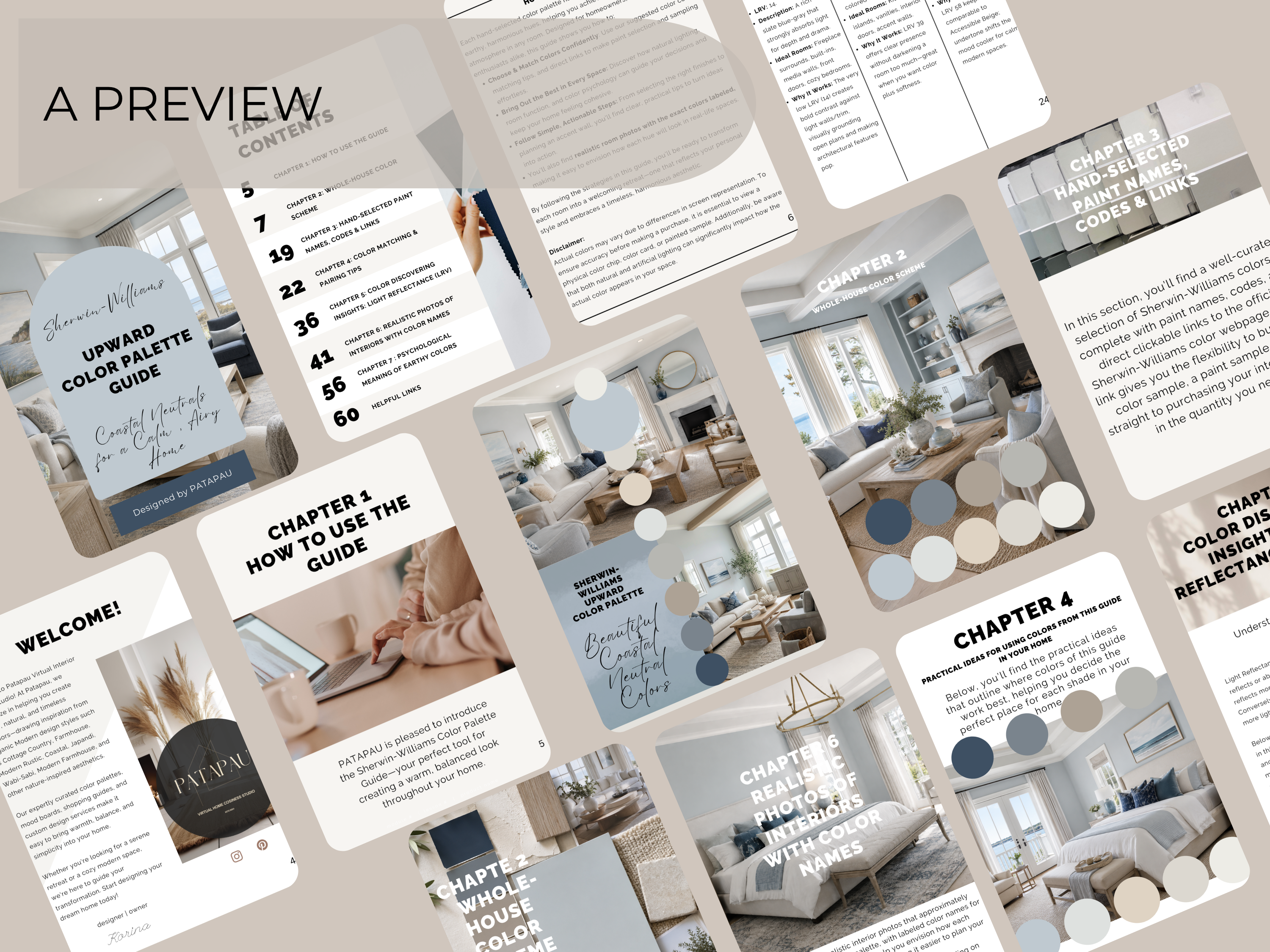 Collage of interior design guide pages with text and color swatches.