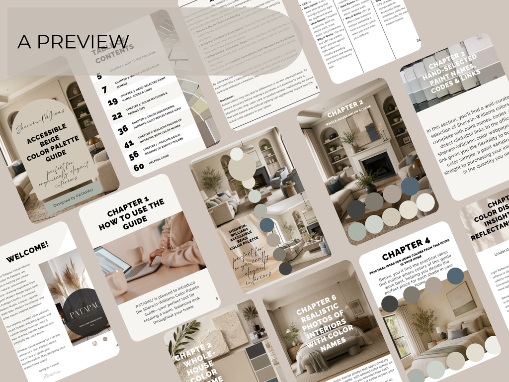 Collage of pages from a design guide with text and images on a neutral background