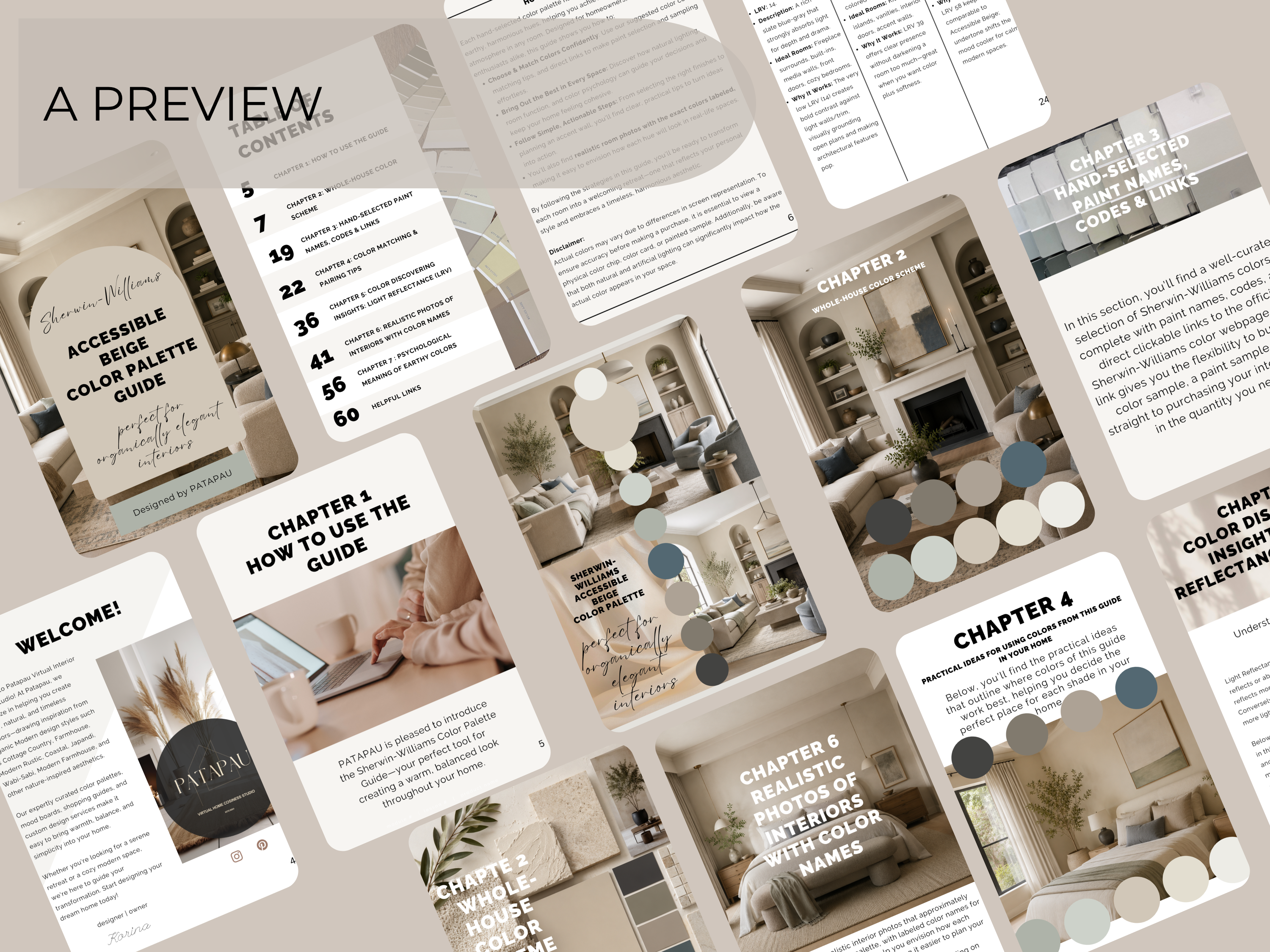 Collage of pages from a design guide with text and images on a neutral background