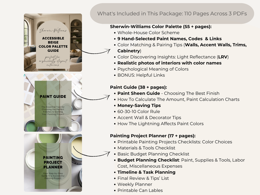 Product packaging with Sherwin-Williams paint guides and project planner on a white background