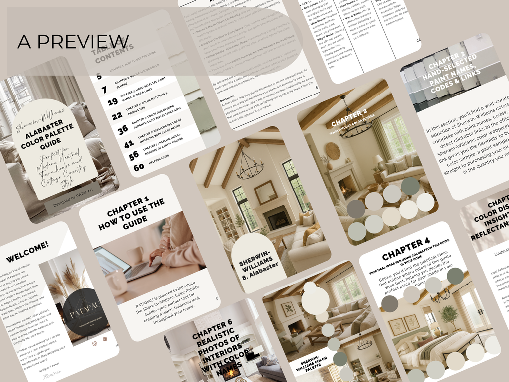 Collage of interior design guide pages with images and text on a neutral background
