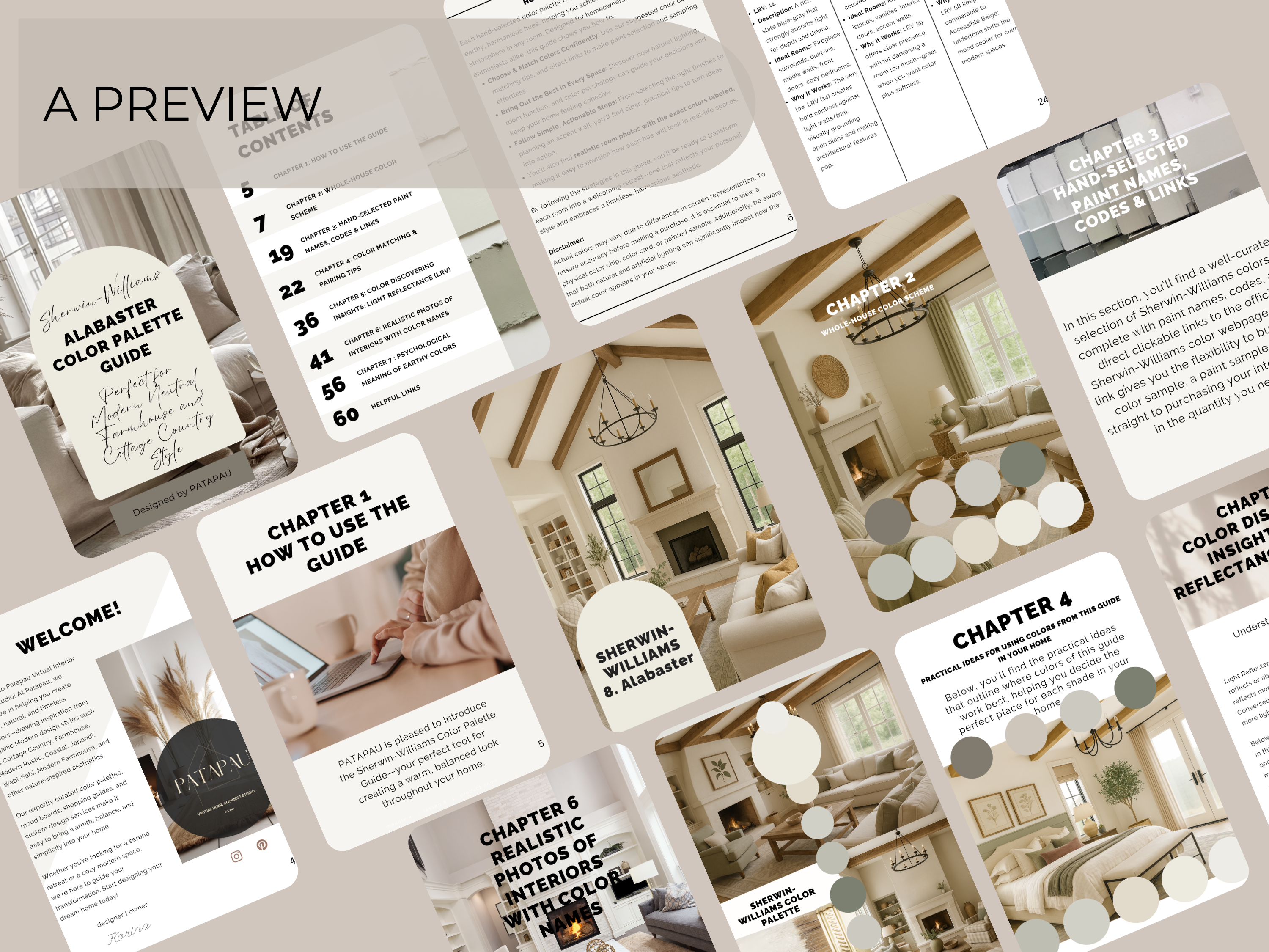 Collage of interior design guide pages with images and text on a neutral background