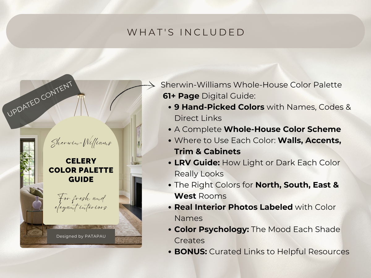 Promotional graphic for a Sherwin-Williams whole-house color palette guide, showing a hanging sign with the title and a list of included digital guide features on a light gray background.