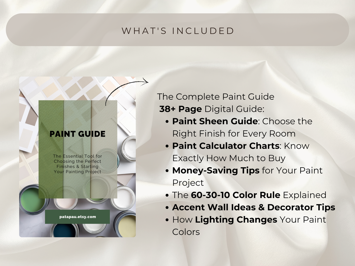 Promotional graphic for a digital paint guide, featuring a cover preview on the left and a list of included contents on the right over a draped satin fabric background.