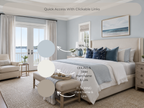 Modern bedroom with furniture and decor elements labeled for quick access.
