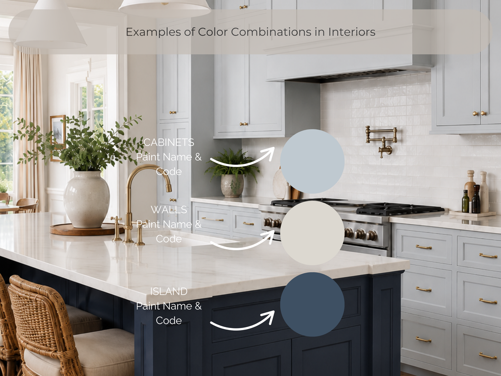 Kitchen interior with labeled color combinations for cabinets, walls, and island.