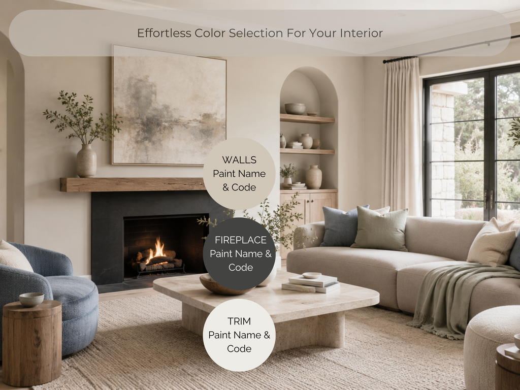 Modern living room with neutral tones, fireplace, and furniture.