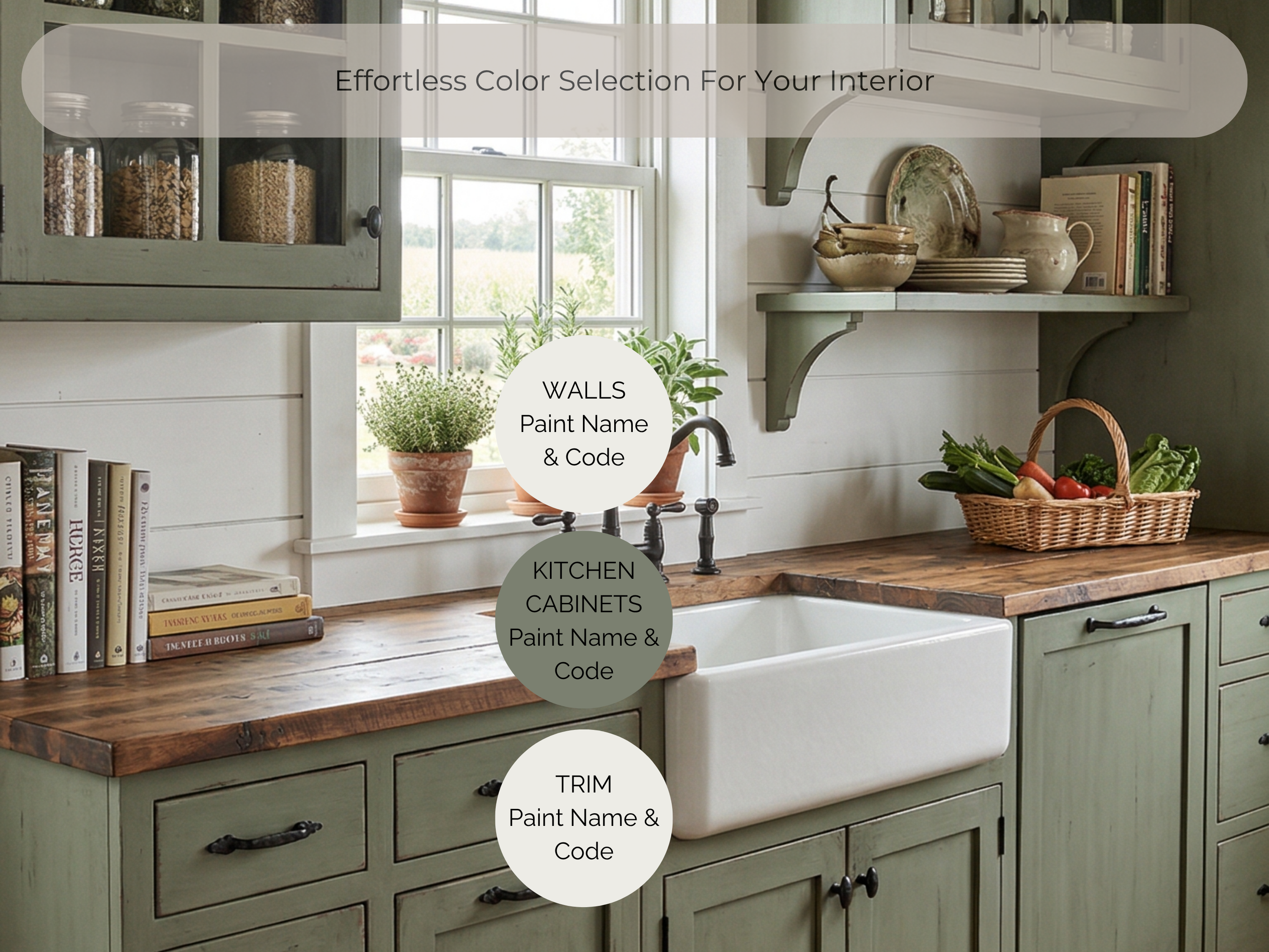 Kitchen interior with green cabinets, wooden countertops, and a window with plants.