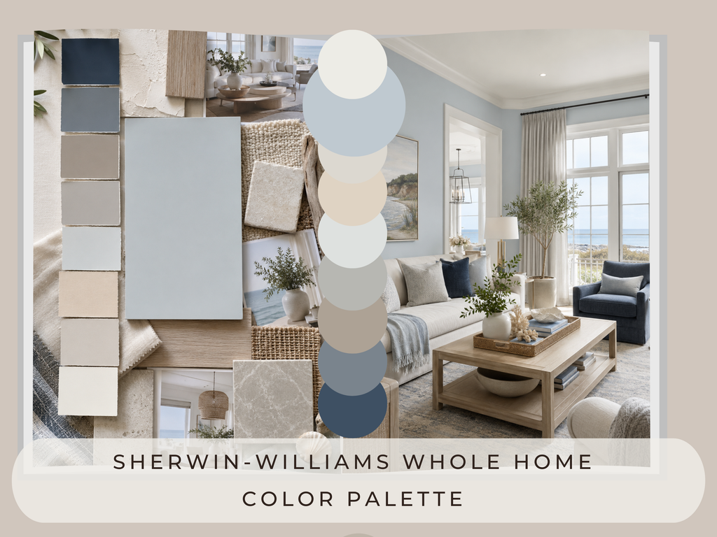 Living room with Sherwin-Williams color palette samples and a coastal view.
