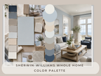 Living room with Sherwin-Williams color palette samples and a coastal view.