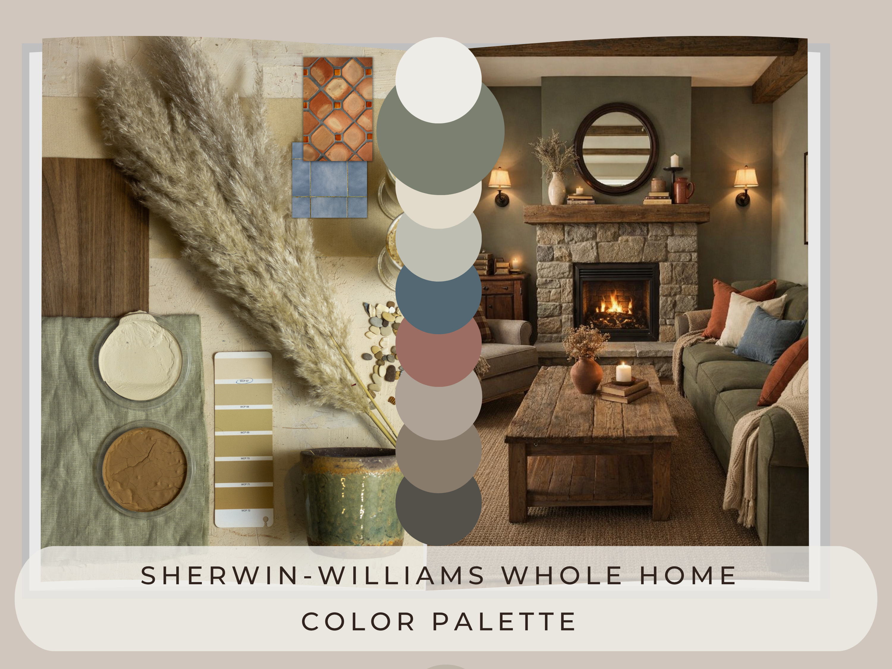Living room with Sherwin-Williams color palette swatches overlayed