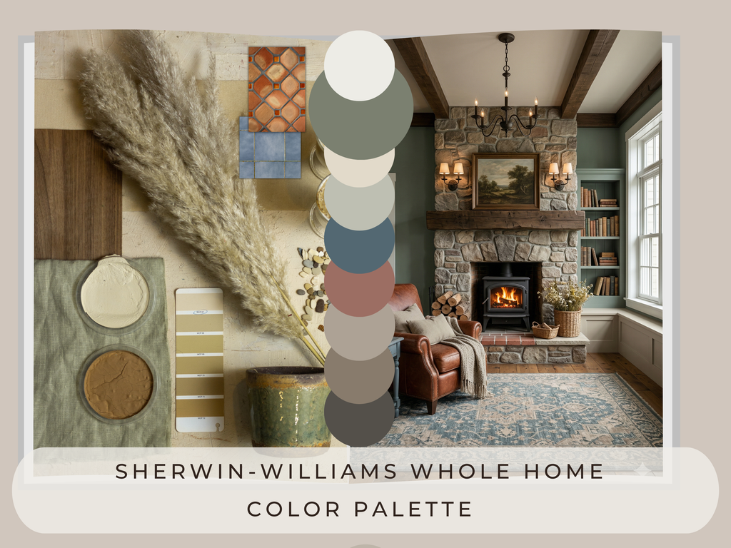 Living room with stone fireplace and Sherwin-Williams color swatches overlay
