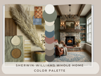Living room with stone fireplace and Sherwin-Williams color swatches overlay