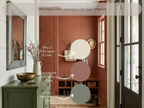 Mudroom with labeled paint color swatches for walls, console, and other elements.