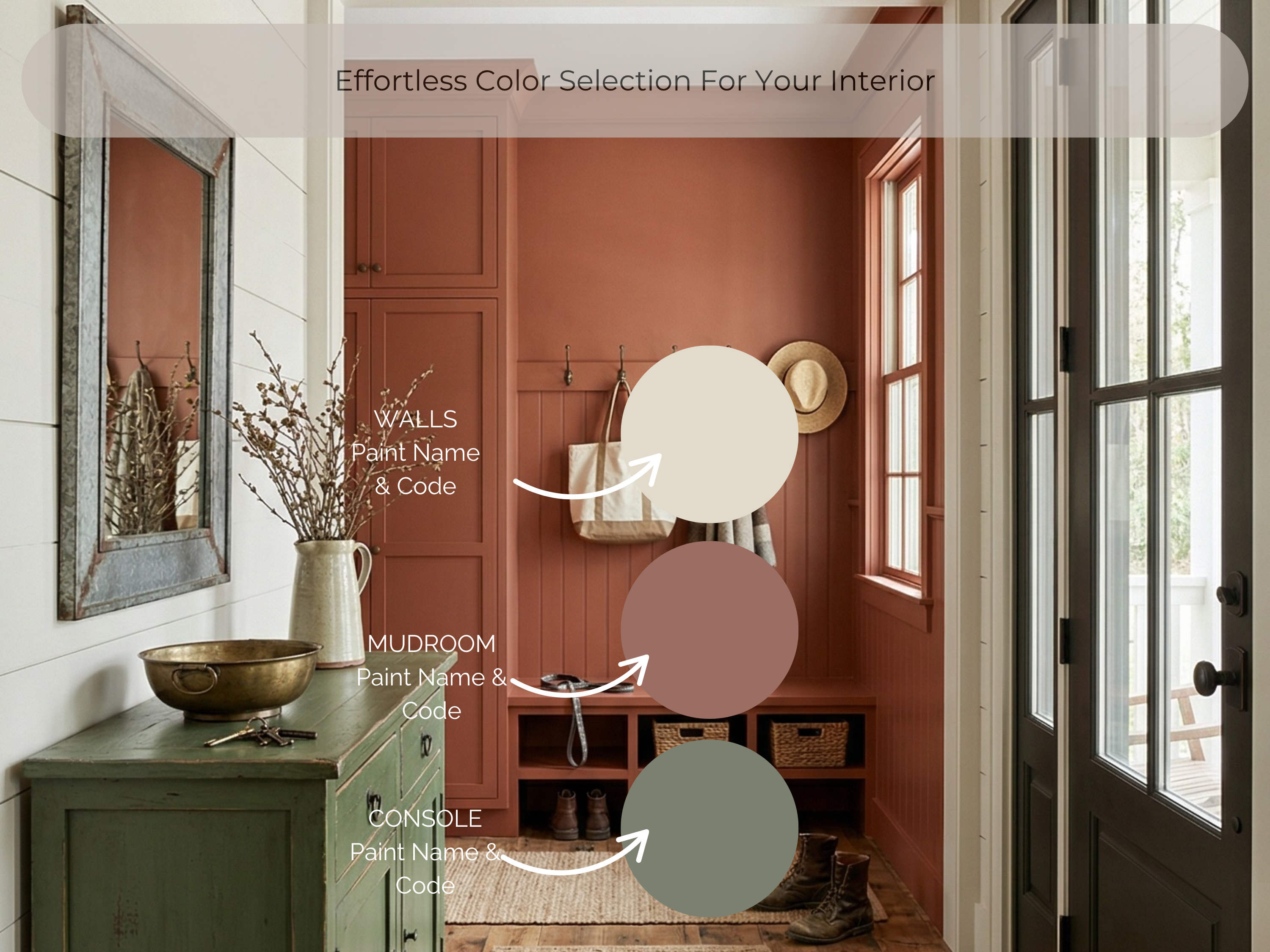 Mudroom with labeled paint color swatches for walls, console, and other elements.