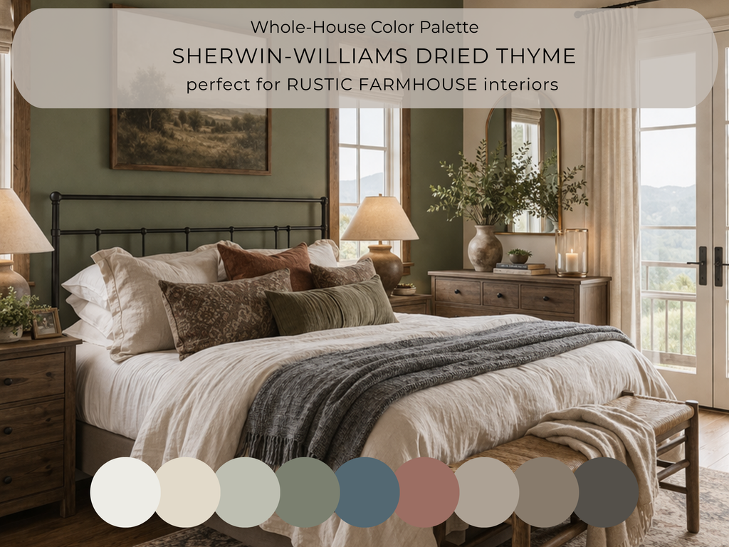 Bedroom with 'Dried Thyme' color palette by Sherwin-Williams, featuring a bed with pillows and a blanket.