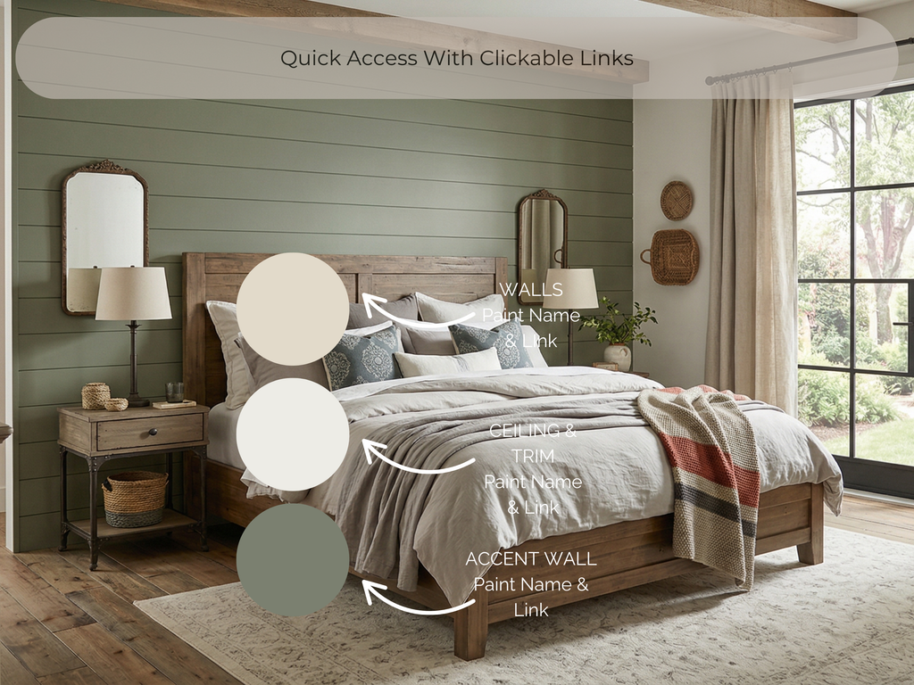 Bedroom with wooden headboard and bedding, featuring color swatches and text labels.