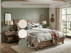 Bedroom with wooden headboard and bedding, featuring color swatches and text labels.